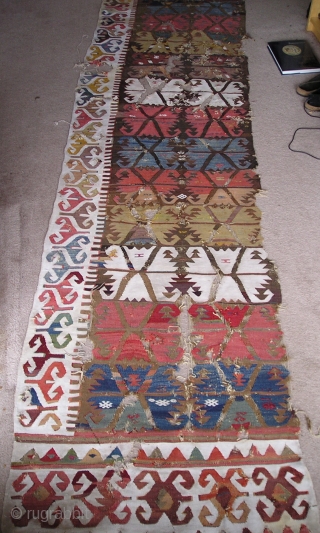 Anatolian Kilim Half, many colors, much wear, cotton and wool white, 4 browns (dyed and natural) madder reds, insect red, 2 pinks, apricot,at least 2 oranges, bold yellows, pistachio green, true green,  ...