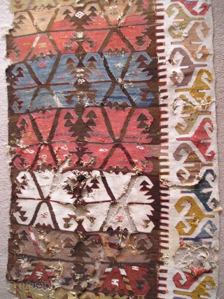 Anatolian Kilim Half, many colors, much wear, cotton and wool white, 4 browns (dyed and natural) madder reds, insect red, 2 pinks, apricot,at least 2 oranges, bold yellows, pistachio green, true green,  ...