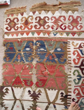 Anatolian Kilim Half, many colors, much wear, cotton and wool white, 4 browns (dyed and natural) madder reds, insect red, 2 pinks, apricot,at least 2 oranges, bold yellows, pistachio green, true green,  ...