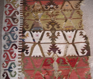 Anatolian Kilim Half, many colors, much wear, cotton and wool white, 4 browns (dyed and natural) madder reds, insect red, 2 pinks, apricot,at least 2 oranges, bold yellows, pistachio green, true green,  ...