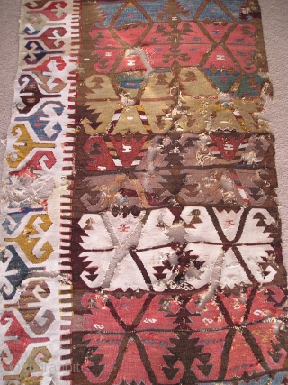 Anatolian Kilim Half, many colors, much wear, cotton and wool white, 4 browns (dyed and natural) madder reds, insect red, 2 pinks, apricot,at least 2 oranges, bold yellows, pistachio green, true green,  ...