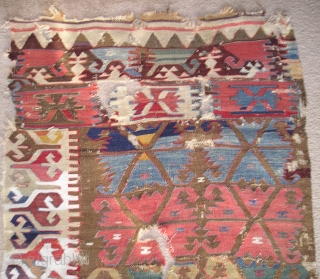 Anatolian Kilim Half, many colors, much wear, cotton and wool white, 4 browns (dyed and natural) madder reds, insect red, 2 pinks, apricot,at least 2 oranges, bold yellows, pistachio green, true green,  ...