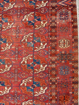Large Tekke Main Carpet with references to Turkmen embroidery in the border. The large size allows for a very well spaced five column format.         