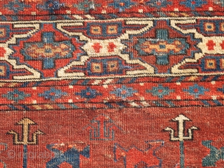 These fragments are the two elem panels of what must have been a great and early Abdal,  Yomut sub-group main carpet. Fantastic color and sophisticated almost curvilinear drawing.    