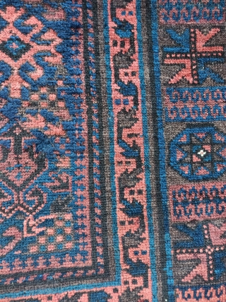 Baluch prayer rug, dark and mysterious with super glossy wool. Very unusual design variant. Exceptionally nice flatwoven ends.               