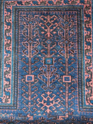 Baluch prayer rug, dark and mysterious with super glossy wool. Very unusual design variant. Exceptionally nice flatwoven ends.               