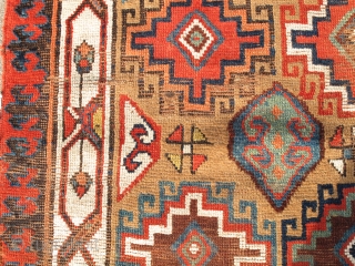 Northwest Persian Rug, Kurdish or maybe Shahsevan? Memling gul design on camel ground with great colors. The whites towards the bottom are cotton. The piece is cut and shut but the resulting  ...