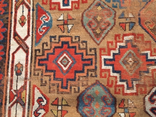 Northwest Persian Rug, Kurdish or maybe Shahsevan? Memling gul design on camel ground with great colors. The whites towards the bottom are cotton. The piece is cut and shut but the resulting  ...