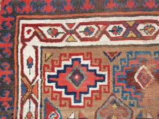 Northwest Persian Rug, Kurdish or maybe Shahsevan? Memling gul design on camel ground with great colors. The whites towards the bottom are cotton. The piece is cut and shut but the resulting  ...