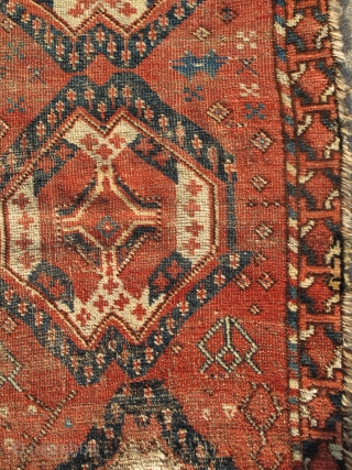 Ersari or some other Middle Amu Darya area Turkmen rug with an ikat derived design. Former David Rueben piece published in "Gols and Guls" as a possible ensi. Worn but intriguing.  