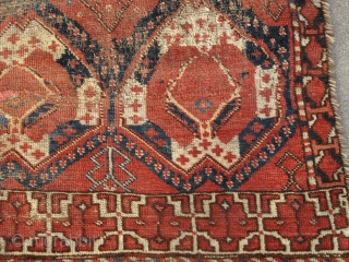 Ersari or some other Middle Amu Darya area Turkmen rug with an ikat derived design. Former David Rueben piece published in "Gols and Guls" as a possible ensi. Worn but intriguing.  