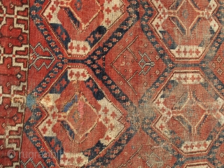 Ersari or some other Middle Amu Darya area Turkmen rug with an ikat derived design. Former David Rueben piece published in "Gols and Guls" as a possible ensi. Worn but intriguing.  