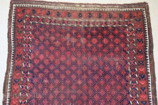 Baluch rug with a small-scale embroidered design rendered in pile. Narrow border, uncommon type, 4x6ish                  