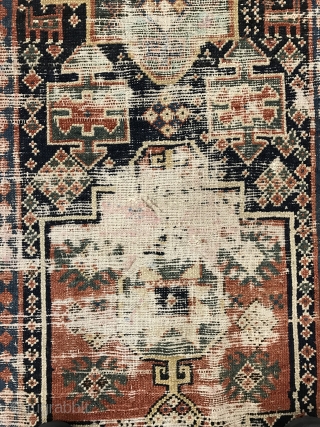 Fragmentary Kurdish runner. Super funky and very well used (worn in other words). Outer border has been chopped but the result is pleasing. Idk someone might like it on the wall or  ...