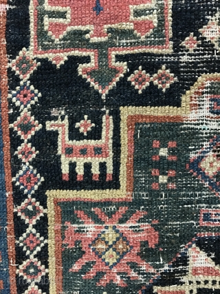 Fragmentary Kurdish runner. Super funky and very well used (worn in other words). Outer border has been chopped but the result is pleasing. Idk someone might like it on the wall or  ...