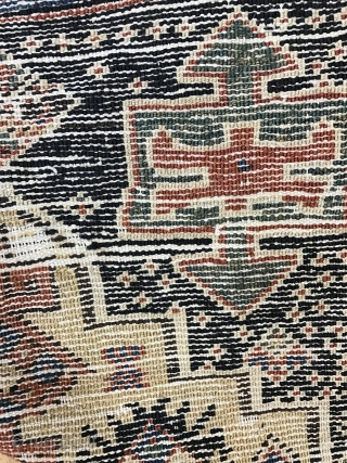 Fragmentary Kurdish runner. Super funky and very well used (worn in other words). Outer border has been chopped but the result is pleasing. Idk someone might like it on the wall or  ...