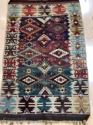 3' x 5'-ish Turk-ish Kilim-ish, not mint but cute! also the colors aren't a great representation, happier in real life             