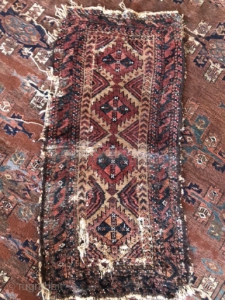 Genuinely worn, but genuinely old Baluch Balisht.  Playful ashiks, camel hair ground, cool tertiary elements.  Authentic but kind of wrecked.  19th century. Cheap!       
