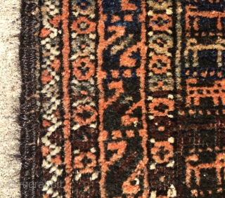 An extremely rare and unusual small Baluch rug from late 19th century. 3’.9” x 2’.3”
The use of highly unusual “surmai” color and the hand spun cotton warps make it a very desirable  ...