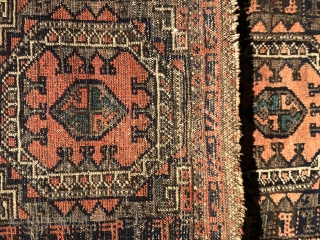An extremely rare and unusual small Baluch rug from late 19th century. 3’.9” x 2’.3”
The use of highly unusual “surmai” color and the hand spun cotton warps make it a very desirable  ...
