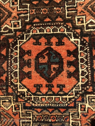 An extremely rare and unusual small Baluch rug from late 19th century. 3’.9” x 2’.3”
The use of highly unusual “surmai” color and the hand spun cotton warps make it a very desirable  ...