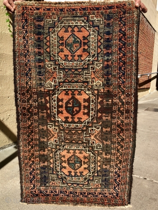 An extremely rare and unusual small Baluch rug from late 19th century. 3’.9” x 2’.3”
The use of highly unusual “surmai” color and the hand spun cotton warps make it a very desirable  ...