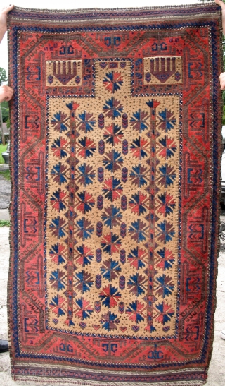 SUBLIME ANTIQUE BALUCH PRAYER RUG A+++ COLORS. A pristine example of the most desirable Mihrab Baluch.  
               