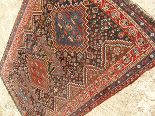 19th C. Qasqai? Large size 110 x 74 inches. Good condition. No repairs or holes or problems. even low pile.             