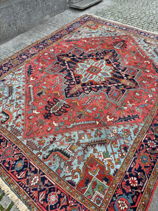 Antique Heriz arrival, 9'0 x 12'1 or 275cm x 370cm, Lovely Colors and original endings, Very nice original pile, Serapi Center, Skyblue corners. shown moth spots at one ending of which most  ...