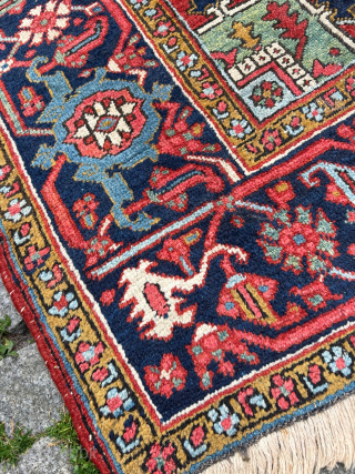 Antique Heriz arrival, 9'0 x 12'1 or 275cm x 370cm, Lovely Colors and original endings, Very nice original pile, Serapi Center, Skyblue corners. shown moth spots at one ending of which most  ...