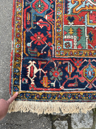 Antique Heriz arrival, 9'0 x 12'1 or 275cm x 370cm, Lovely Colors and original endings, Very nice original pile, Serapi Center, Skyblue corners. shown moth spots at one ending of which most  ...
