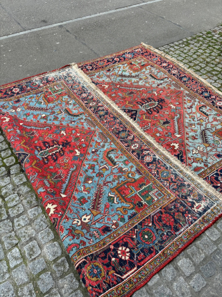 Antique Heriz arrival, 9'0 x 12'1 or 275cm x 370cm, Lovely Colors and original endings, Very nice original pile, Serapi Center, Skyblue corners. shown moth spots at one ending of which most  ...