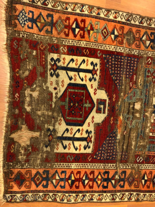This Kurdish rug is cut twice, but still an impressive piece. Made around 1800, it is remarkable by its beautiful colors. Very fair price.         