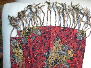 Antique china silk scarf, ca 1900, 50 inches by 9 inches, 9 inch fringe.  colors bright, no tears.              