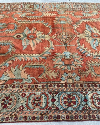 Grand scale antique Heriz rug with beautiful design, color  and graphics: Decorative as can be!
Size 7’6” by 10’6”. . 
One main guard border has been removed. 
Price upon request. 
Shipping available
Ships  ...