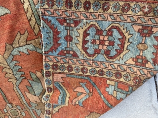 Grand scale antique Heriz rug with beautiful design, color  and graphics: Decorative as can be!
Size 7’6” by 10’6”. . 
One main guard border has been removed. 
Price upon request. 
Shipping available
Ships  ...
