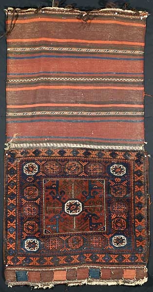 Baluch Bag face with back attached
Late 19th/Early 20th C.
68 x 33 1/2 in. including original back
Inv# 1309

This is a large and boldly drawn piece whose original flat woven back is still attached  ...