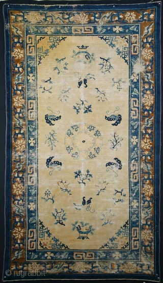 Peking Carpet, China
19th C.
wool on cotton foundation
82 1/4 x 46 3/4 inches
Inv# 1312

A great design with obvious condition issues including corrosion, staining, fold wear, etc. Floppy handle, low pile over most except  ...