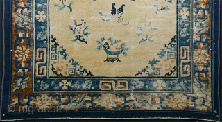 Peking Carpet, China
19th C.
wool on cotton foundation
82 1/4 x 46 3/4 inches
Inv# 1312

A great design with obvious condition issues including corrosion, staining, fold wear, etc. Floppy handle, low pile over most except  ...