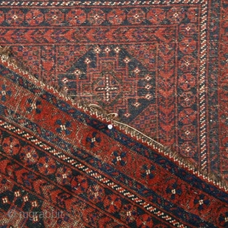 Baluch Rug, 19th Century, 52 x 36 inches, Inv# 1455 -------- Arab Baluch with blanket like floppy handle, all vegetal dyes, nice design elements, obvious condition issues. These images exaggerate the condition  ...