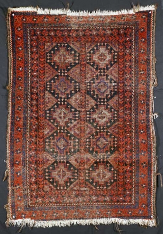 Baluch Rug, 19th Century, 52 x 36 inches, Inv# 1455 -------- Arab Baluch with blanket like floppy handle, all vegetal dyes, nice design elements, obvious condition issues. These images exaggerate the condition  ...