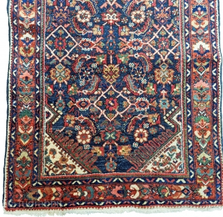 Antique Mahal runner.  3' 4" x 15' 2", c. 1920. Classic Herati design. Full pile condition, with 2 small areas of localized wear -- down to the knot collars (no exposed  ...