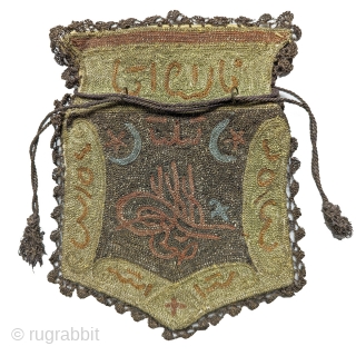 Anatolian embroidered coin bag,  7" x 5 1/2". c. 1900.  Wool with metal thread embroidery.                