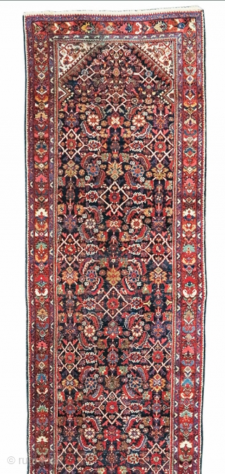 Antique Mahal runner.  3' 4" x 15' 2", c. 1920. Classic Herati design. Full pile condition, with 2 small areas of localized wear -- down to the knot collars (no exposed  ...
