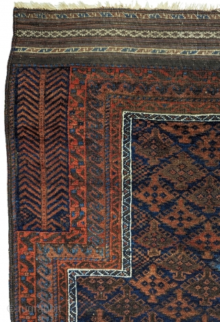 Baluch/Timuri Dokhtar-e-Qazi blue ground prayer rug.  66 x 41 inches.  Good condition with original sides and ends. Evenly low pile, with lower corrosive browns. No repairs. Nicely woven with good  ...