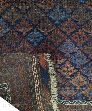 Baluch/Timuri Dokhtar-e-Qazi blue ground prayer rug.  66 x 41 inches.  Good condition with original sides and ends. Evenly low pile, with lower corrosive browns. No repairs. Nicely woven with good  ...