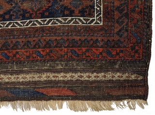 Baluch/Timuri Dokhtar-e-Qazi blue ground prayer rug.  66 x 41 inches.  Good condition with original sides and ends. Evenly low pile, with lower corrosive browns. No repairs. Nicely woven with good  ...