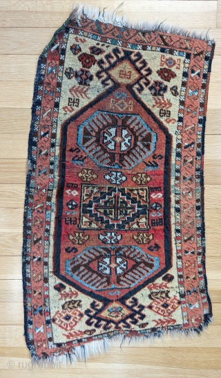 East Anatolian Yastik.  Funky, colorful yastik with a wickedly pronounced "Kurdish Curve" -- this is not a problem with camera perspective.  Size averages 17" x 28".  End losses, dog-eared  ...