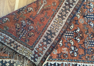 Luri small rug. 36" x 48".  Rustic, very improvisational field filled with floral and animal forms on a copper ground. Even wear to center, end losses.  Good little decorative piece  ...