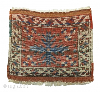 Anatolian Heybe face.  15" x 18".  Excellent full pile condition.  Good wool and color. Interestingly, all the colors of the pile are also used in the wefts: ivory, indigo,  ...